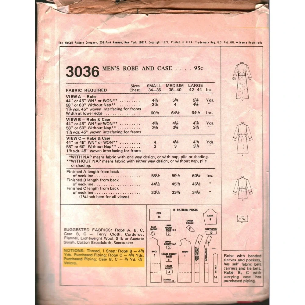 Vintage 1971 McCalls 3036 Mens Robe Sewing Pattern Sz Large 42-44 Dressing Gown